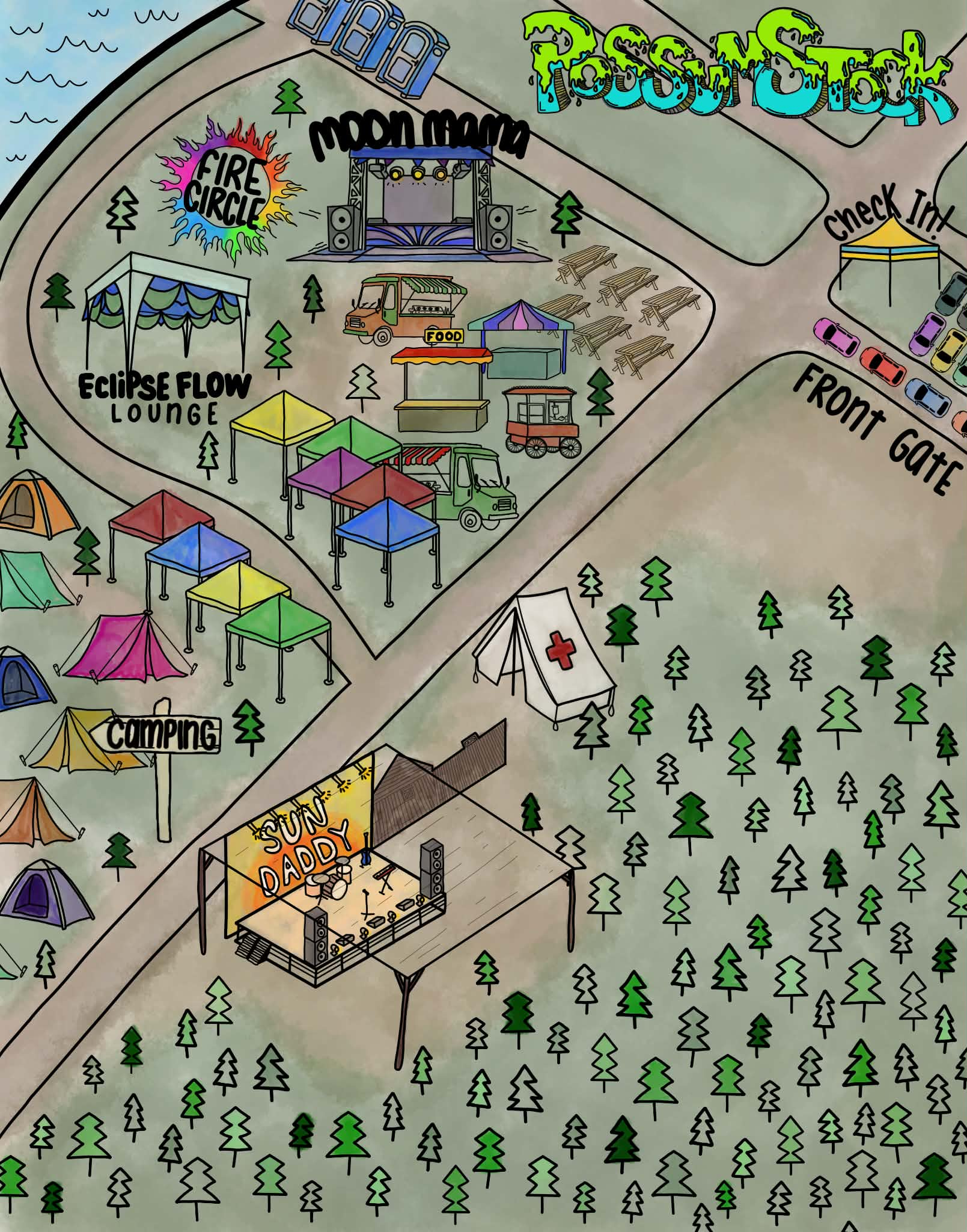 Map of the PossumStock grounds showing stages, camping, vendors and facilities.